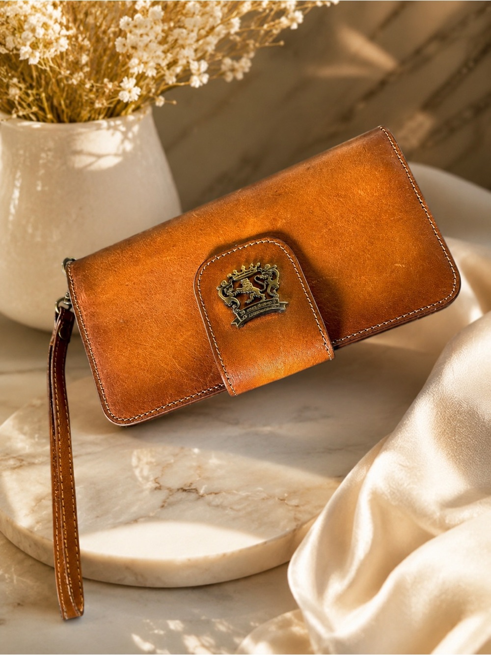 RARE PRATESI FIRENZE COGNAC LEATHER STUDDED LONG WALLET STRAP WRISTLET BAG